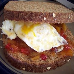 fried egg, chilli and chutney sandwich